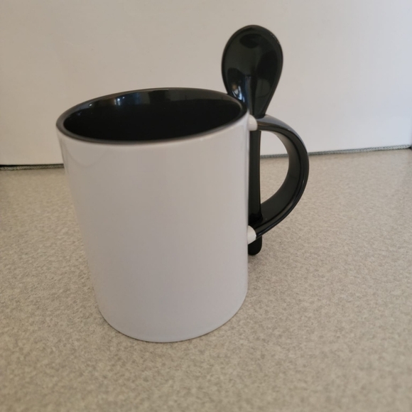 BLACK & WHITE CERAMIC MUG & spoon set , 11oz, coffee mug, new in box - Picture 1 of 4